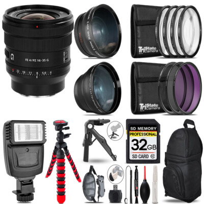 Sony FE PZ 16-35mm f/4 G Lens -3 Lens Kit + Flash + Tripod - 32GB Kit