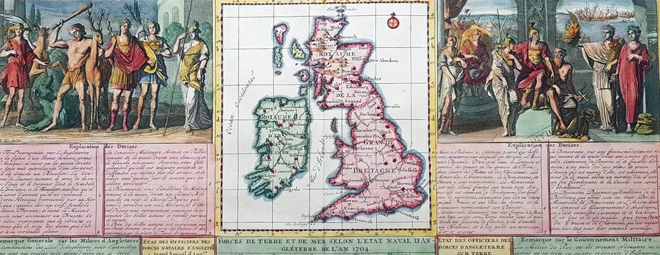 Большая антикварная карта Великобритании и Ирландии 1719 г. с аллегорическими видами Анри Шатлена - Изображение 2 из 3