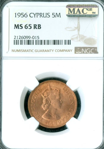 1956 CYPRUS COPPER 5 MILS NGC MS64 RB MAC SPOTLESS *