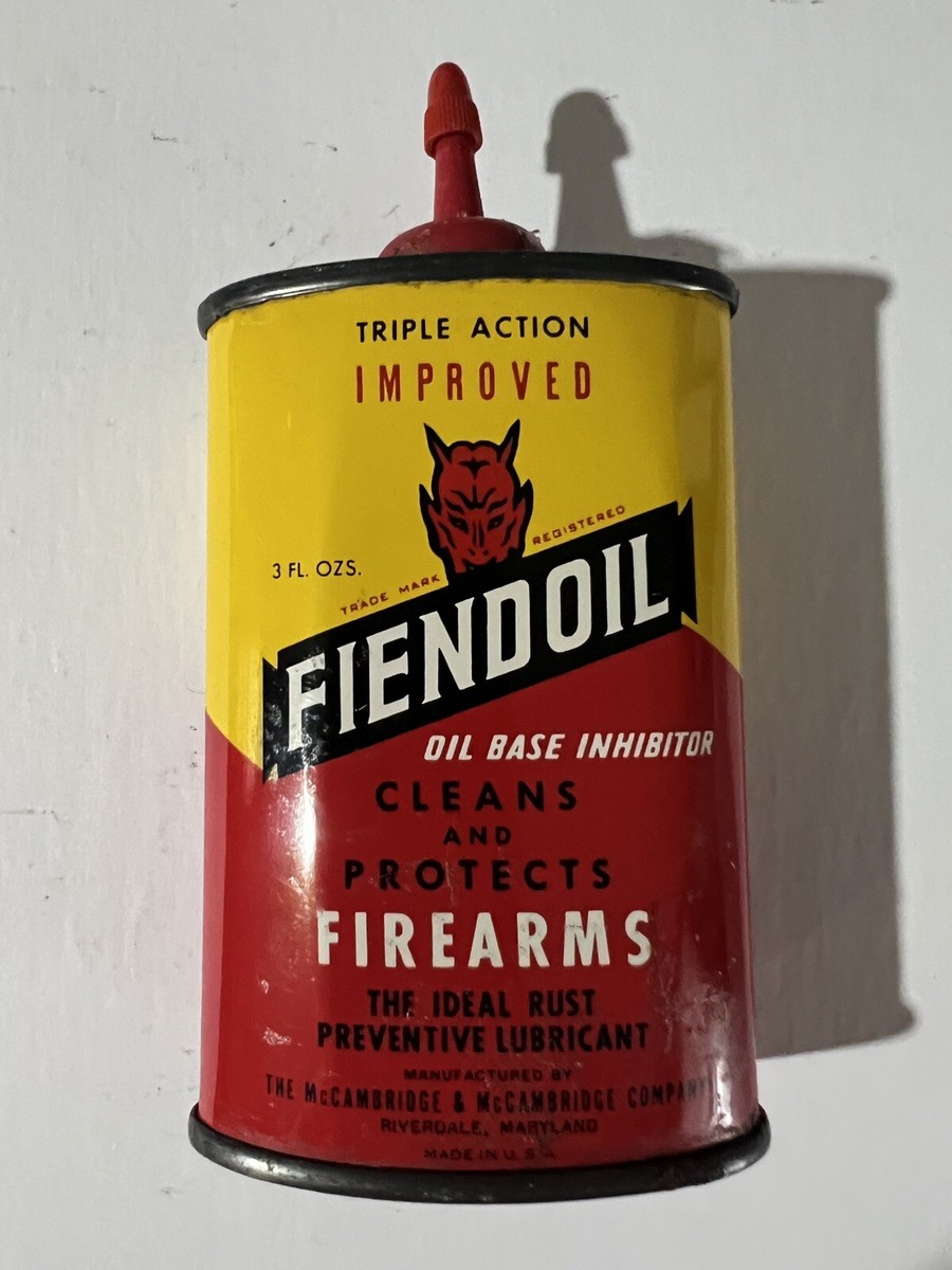 1940's VTG FIENDOIL 3OZ LEAD TOP OILER CAN GUN OIL ADVERTISING TIN