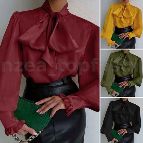 Long Sleeve Bow Tie Solid Blouse Shirts 