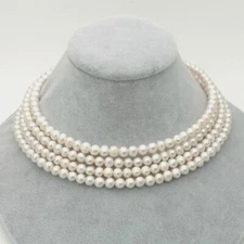 16'' 4 Rows Cultured White Pearl Choker Necklace