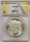 1922-S $1 ANACS MS 61 Peace Dollar
