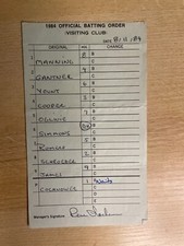 8/11/84 Rene Lachemann Brewers Signed Game Used Lineup Umpire Card B625