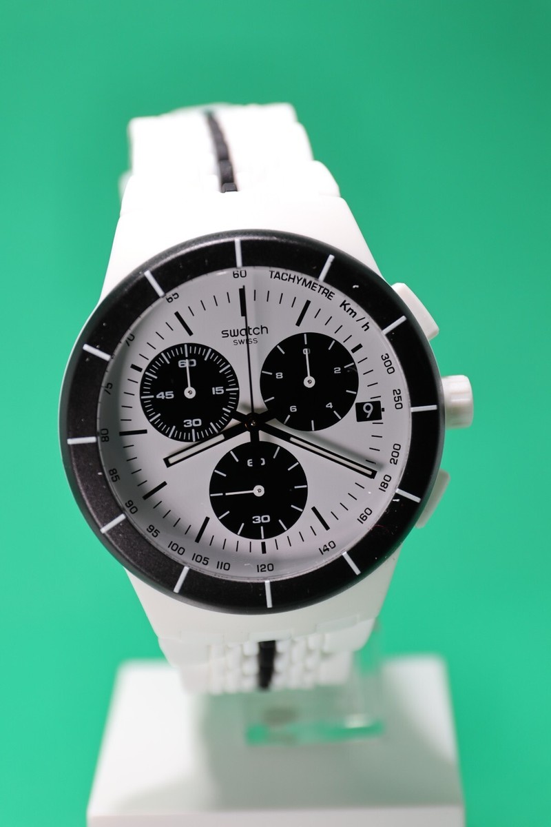 New Swiss Swatch Originals PISTE NOIRE Chrono White Silicone
