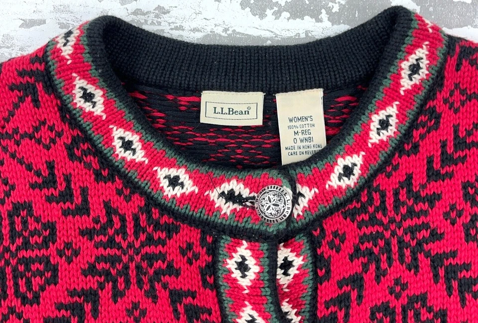 复古 LL 豆毛衣女式中号红色开衫北欧雪花奶奶 — 第 3/4 张图片