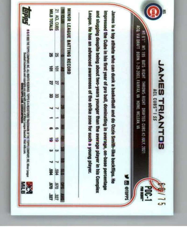 2022 Topps Pro Debut Chrome Refractor Aqua #PDC-1 James Triantos RC Rookie /75 - Image 2 of 2