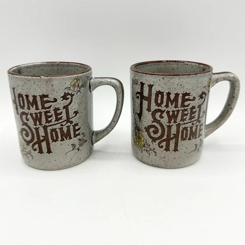 Vintage Home Sweet Home Mugs Pair Speckled Pottery Japan 70s Country READ