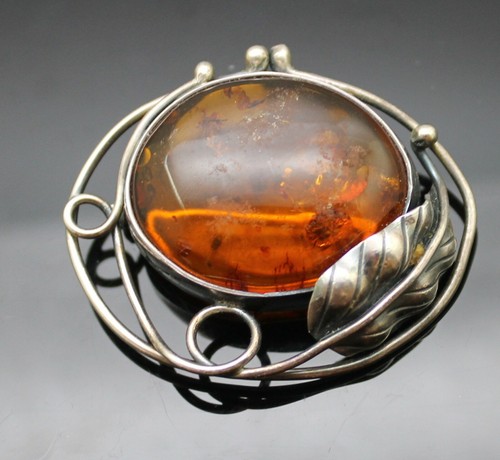 POLAND SIGNED ART VINTAGE GENUINE BALTIC AMBER STERLING SILVER BROOCH PIN - 第 4/10 張圖片