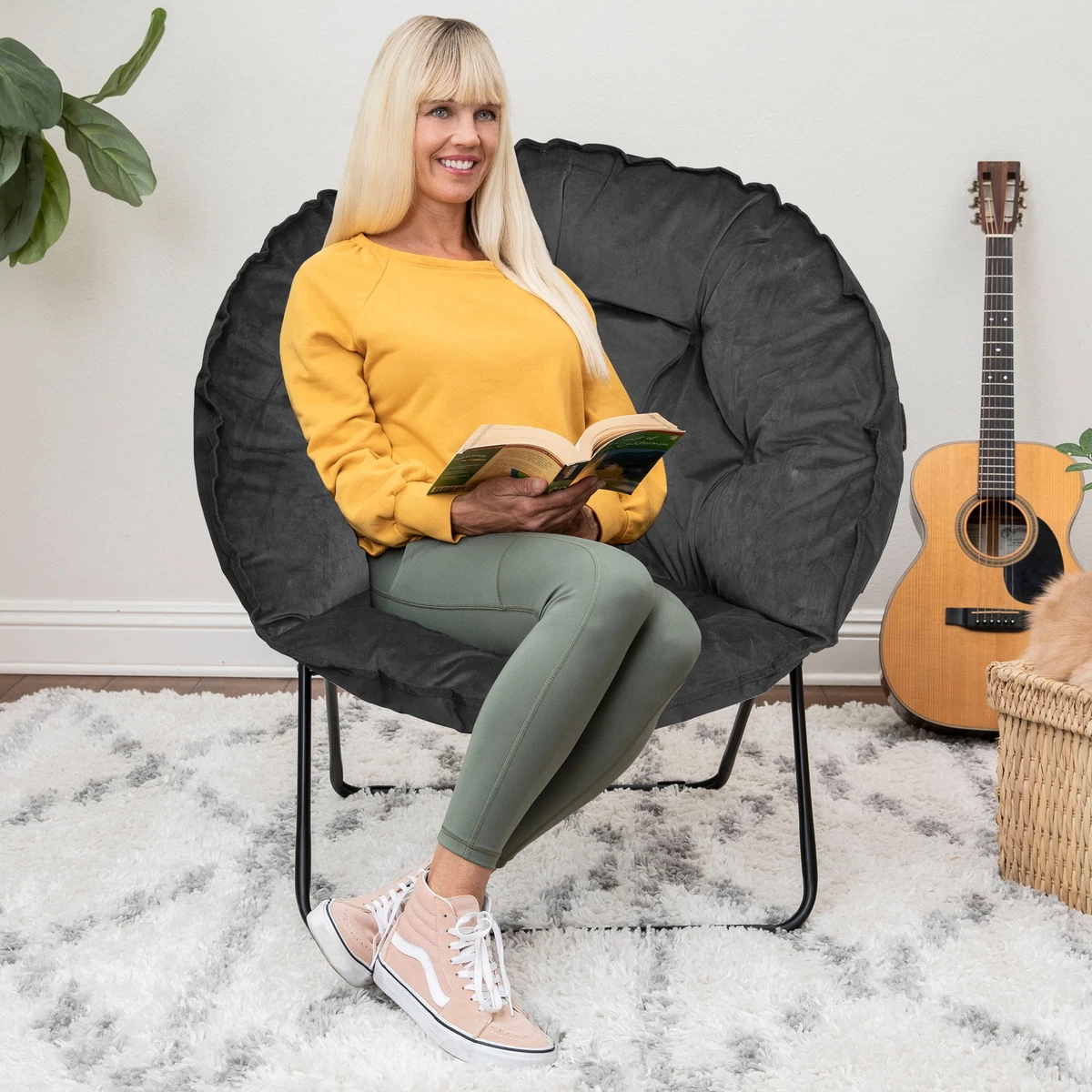 Folding Round Chair W High Gloss Frame Dorm Teen Room Soft Sturdy