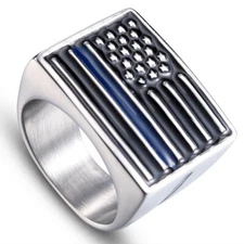 Men's Vintage US Flag Ring Stainless Steel Biker Punk Ring Solid Back Size 8-13