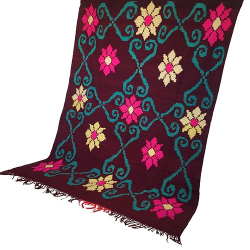 Vintage Moroccan Fringe Rug Maroon Teal Floral Handmade Brown Carpet - Picture 2 of 24