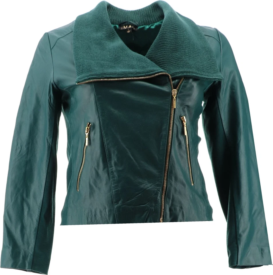 IMAN Global Chic Genuine Lamb Leather Moto Jacket Evergreen S NEW (452)