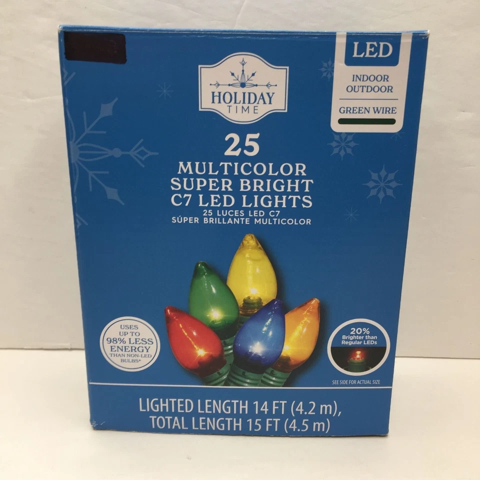 Holiday Time 25 Multicolor Super Bright C7 LED Christmas Lights 14ft Set 2 Decor - Image 2 of 4