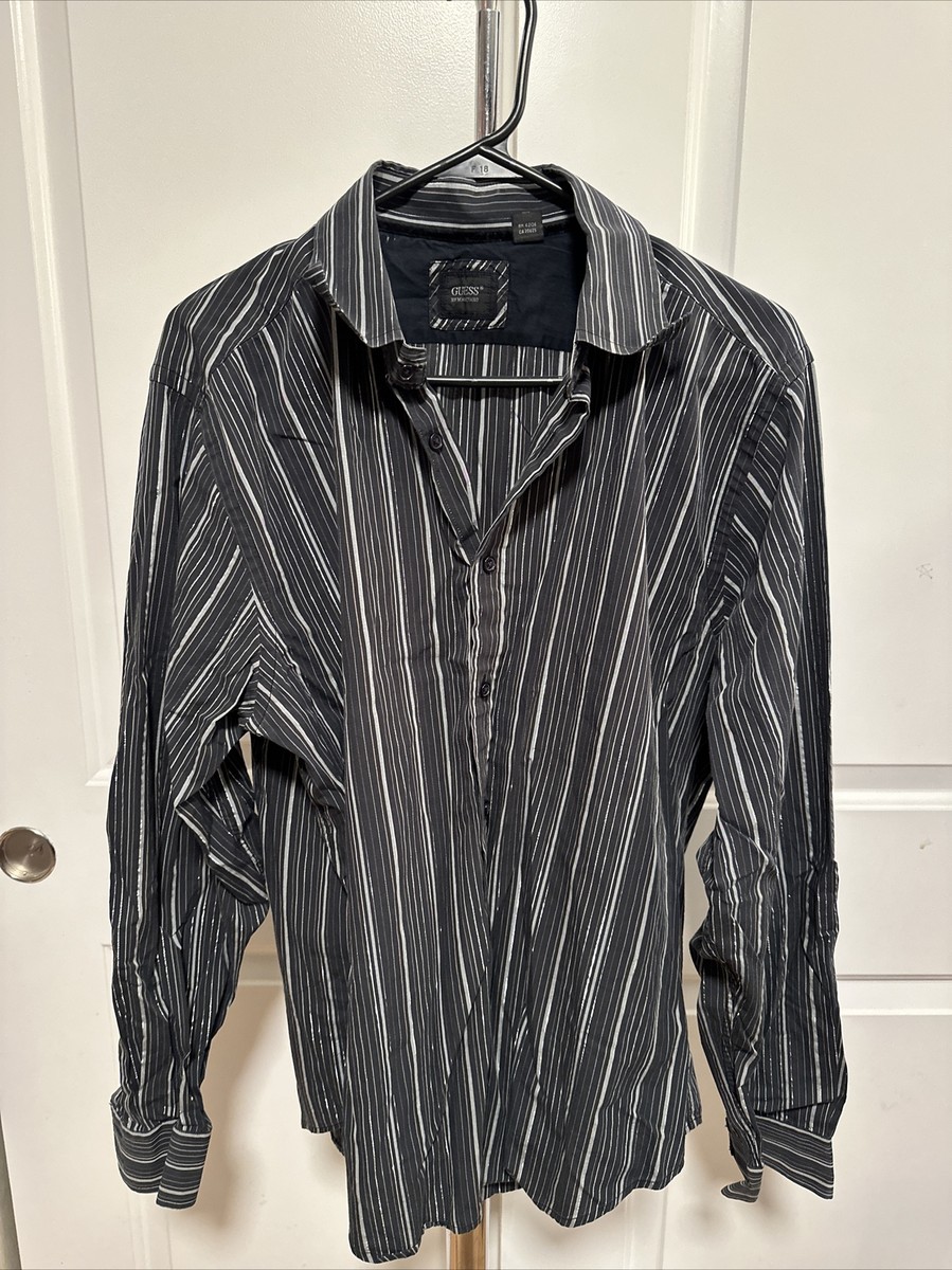 Guess Button Shirt XL Black/Gray/sparkly silver Striped