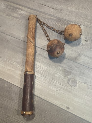 Medieval Flail Replica Wood Handle Spiked Ball Chain Decor Prop
