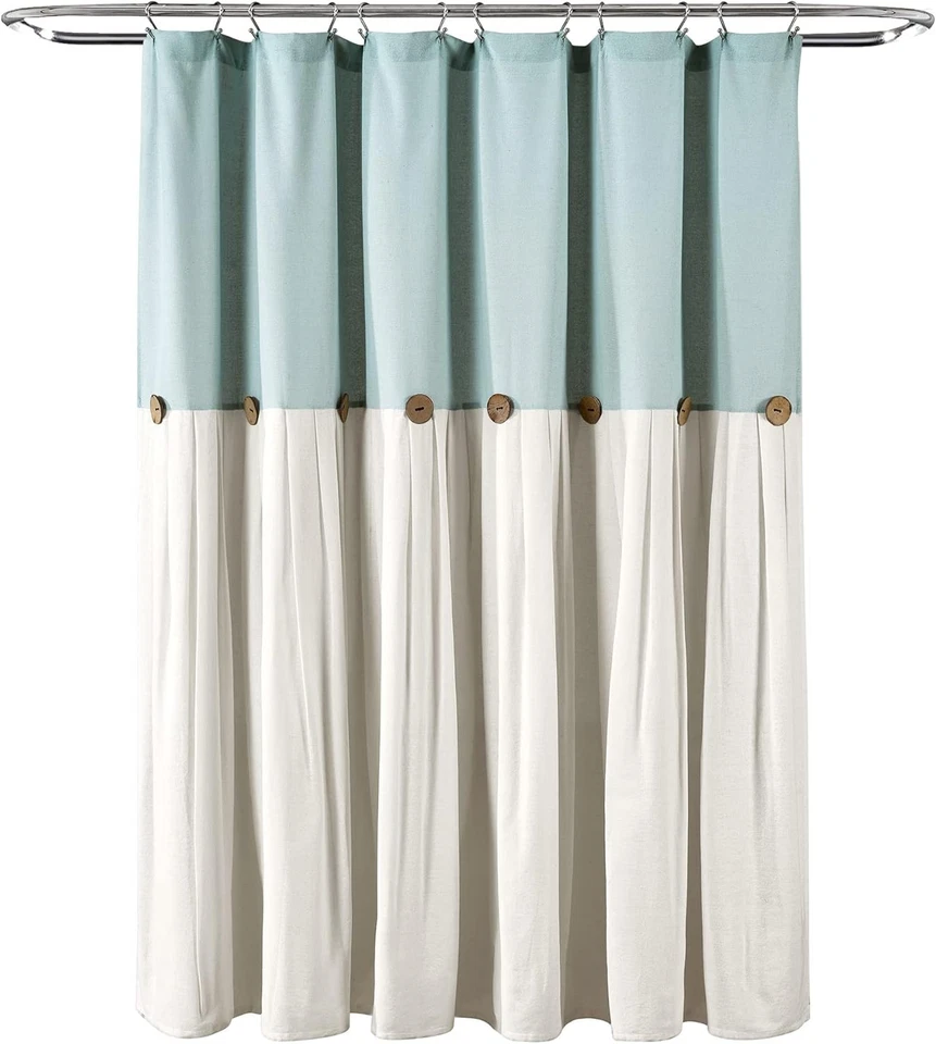 LUSH DECOR SHOWER CURTAIN, COCONUT BUTTON DETAIL (72” X 72”) - BLUE/OFF WHITE - Image 4 of 4