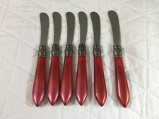 6 Vintage Hamilton  Forge Argent  Red Handle Flatware Butter Knife Spreader