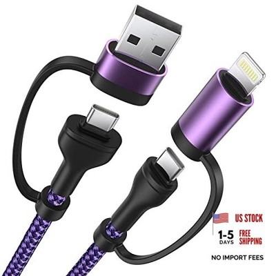 4 in 1 Charging Cable 60W 6FT Apple MFi Certified USB C to Lightning Purple