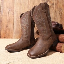 Womens Cowboy Cowgirl Boots Square Toe Embroidered Mid Calf Boots Western Boots