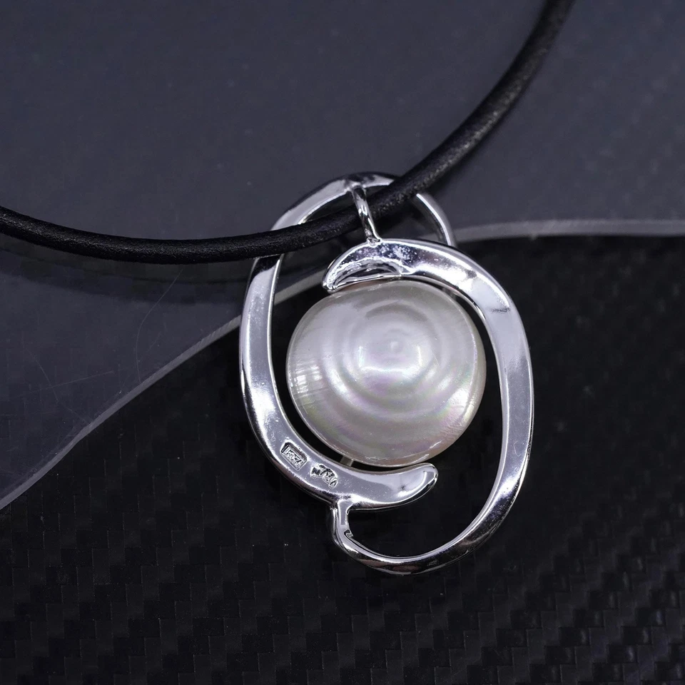 16+2”, Mizuki Plata de Ley 925 Cuero Negro Collar Moneda Perla Colgante Foto 4 de 4