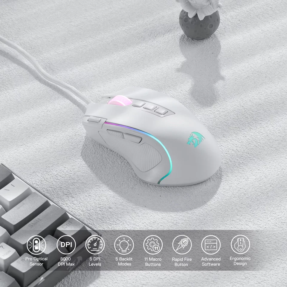 Redragon M612 RGB Predator Gaming Mouse 8000 DPI Wired Optical 11 Buttons White - Image 3 of 4