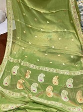 Green 100 khadi Chiffon Sari Zari Banarasi Woven Designer Saree With Blouse Pc