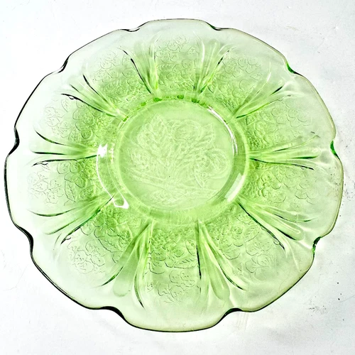Jeanette Glass “Cherry Blossom” Green Uranium Depression Saucer 1930