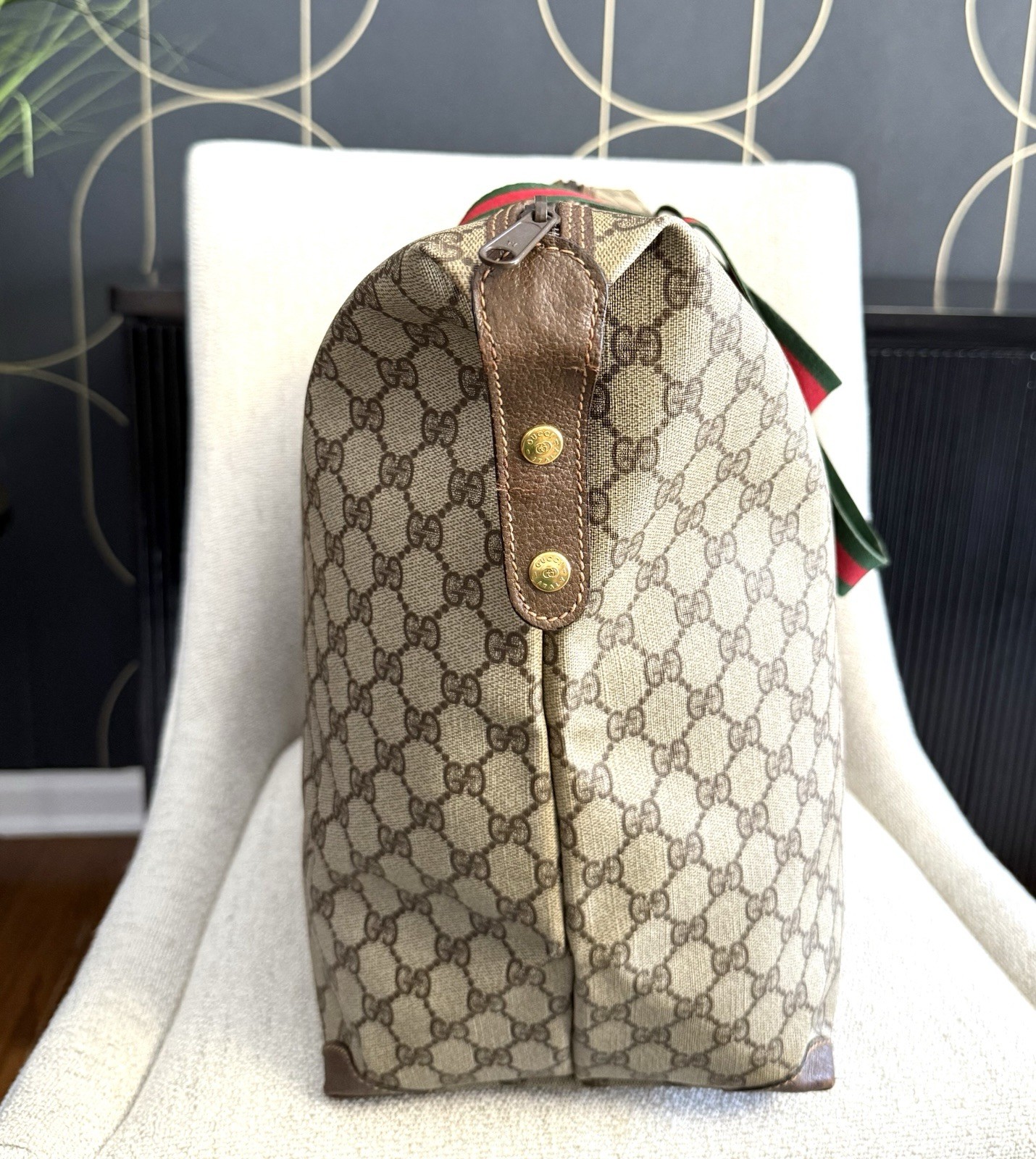 GUCCI Authentic Web Sherry Line Boston Bag Travel Bag XL tote Monogram Brown thumbnail 11