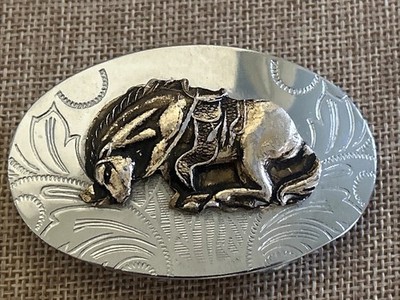 Vintage Bronze Bucking Bronco Silver Tone Belt Buckle VTG