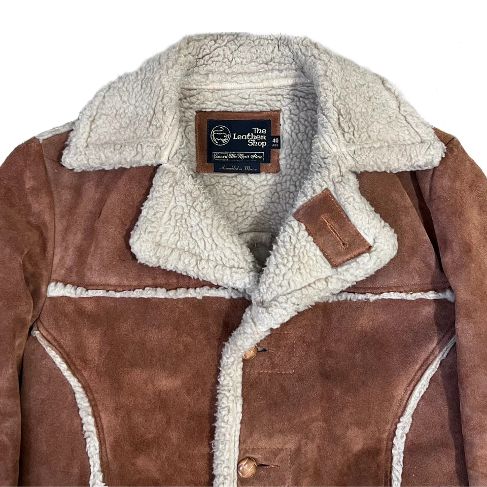 Vintage Sears The Leather Shop Sherpa Coat 70s Rancher Chore Coat - Size 40R - Image 3 of 4