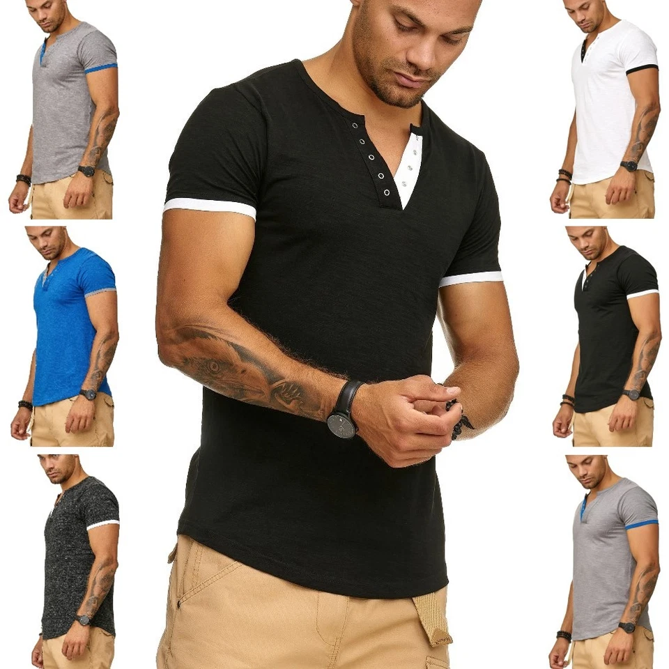 T-Shirt Herren mit V-Ausschnitt und Knopfleiste aus 100% Baumwolle Slim Fit NEU - Bild 1 von 1
