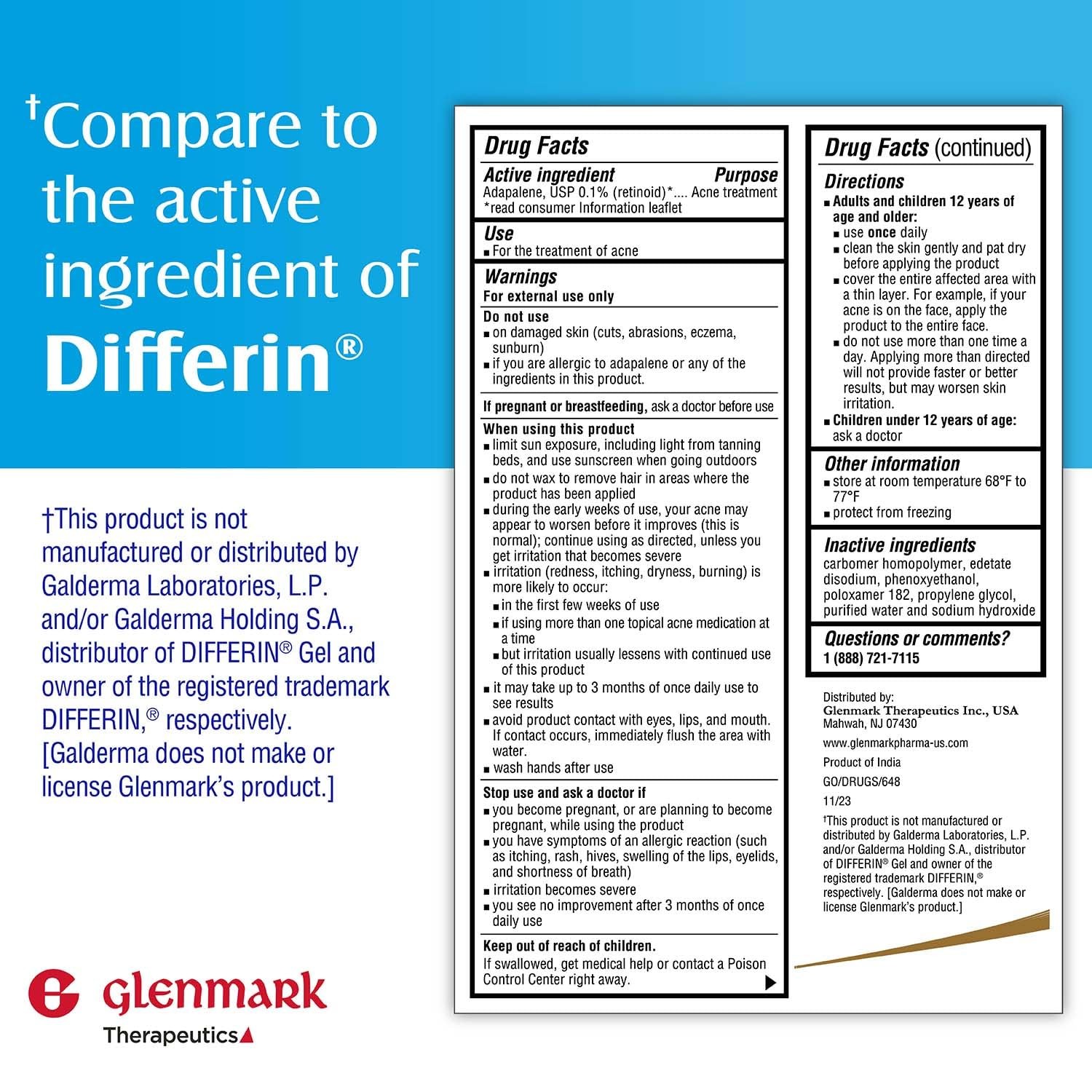 Glenmark Therapeutics Adapalene Gel 0.1% Acne Treatment, Paraben Free Topical Re