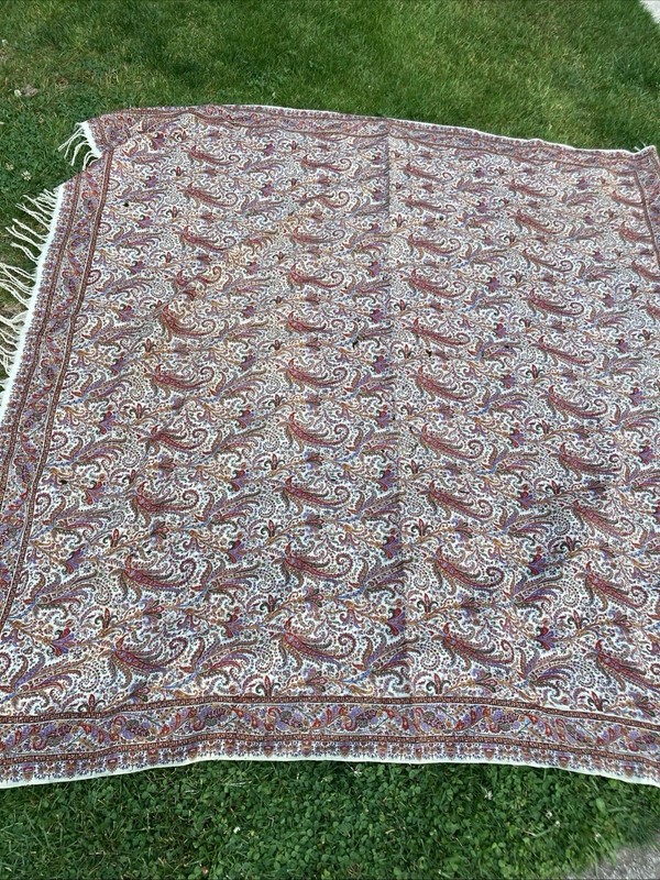 Antique Victorian  woven Kashmir Paisley wool Print  shawl 70” Square