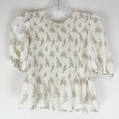 #ad Express Top Womens Medium Smocked Puff Sleeve Peplum Cottagecore Prairie Blouse $14.95