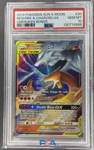 2019 POKEMON SUN & MOON UNBROKEN BONDS #20 RESHIRAM & CHARIZARD GX PSA 10