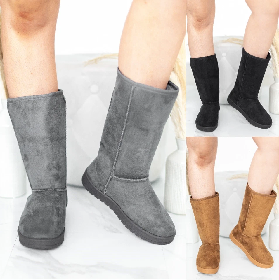 LADIES WOMENS FLAT MID CALF WARM WINTER FUR LINED SNUGG HUG SHOES BOOTS SIZE 4-8