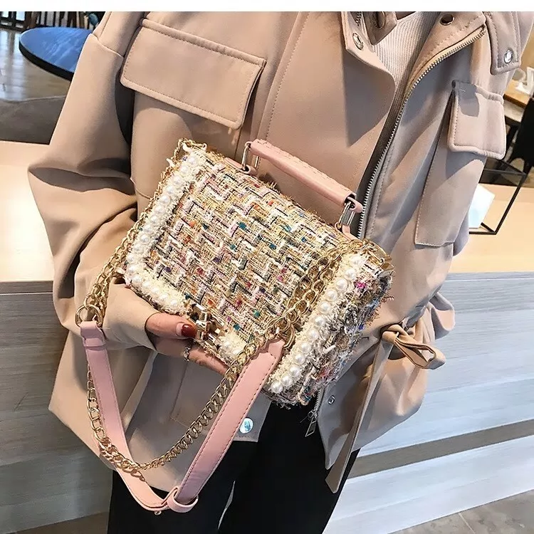 Women's Designer Handbag Shoulder Bag Tweed Wool Flap Gold Chain  Embellished NEW
