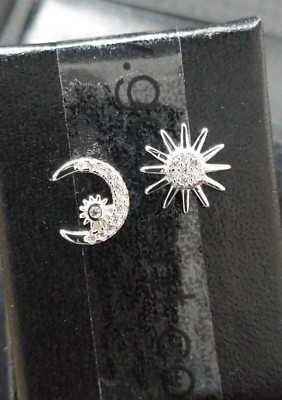 Kleine Vintage Sonne & Mond Stern 925 Sterling Silber CZ Ohrstecker FE-016 XMAS