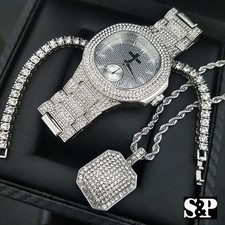MEN HIP HOP WHITE GOLD PT WATCH  FULL ICED NECKLACE  1 ROW BRACELET SET