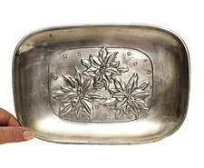 Silver Metal Poinsettia Holiday Bread Tray Plate Platter Christmas Decor 10"