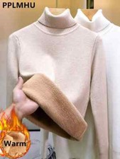 Turtleneck Winter Sweater Women Elegant Thicken Velvet Lined Warm Sueter Knitted