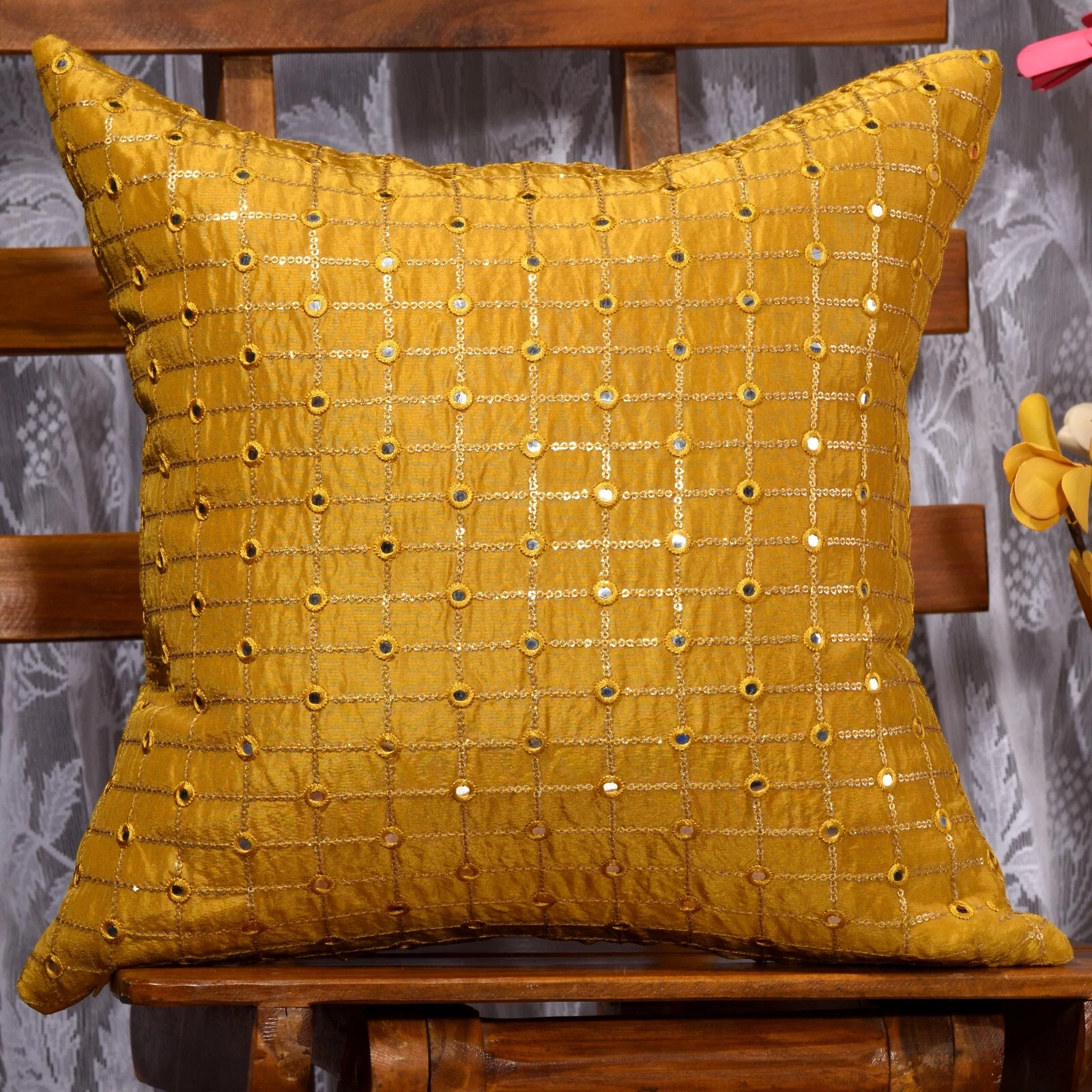 Decorative pillow for couch 18x18 embroidered mustard gold sofa pillow cover 2pc