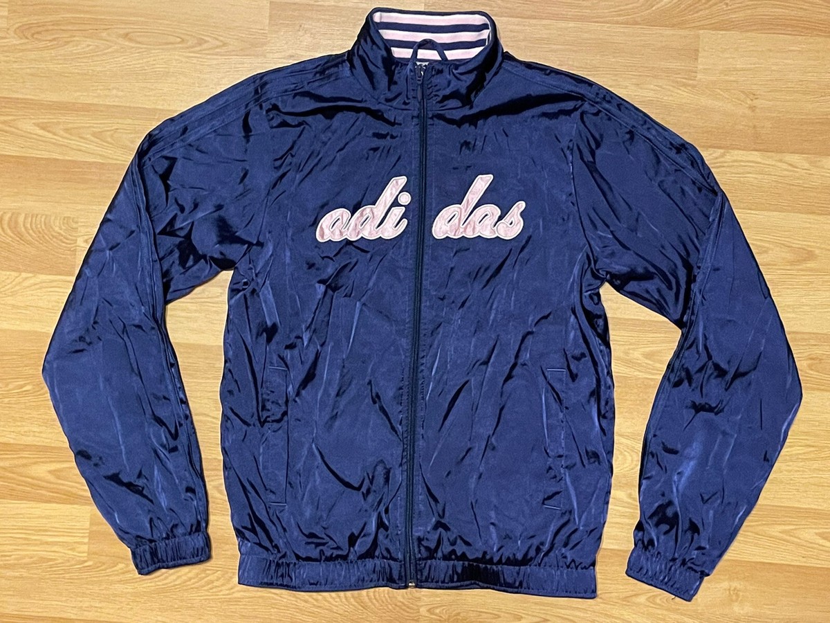 Vintage Adidas Blue Satin Script Full Zip Track Top Sport Jacket