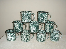 Lot of 9 Enamelware Dark Green Splatter 3 1/4" Coffee Mugs/Cups