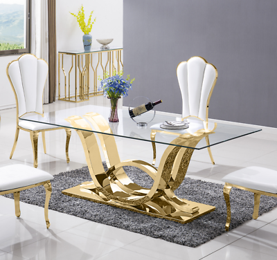 Design Esstisch Edelstahl Tempered Glas Tisch Esszimmer Tisch Gold 180x90 cm