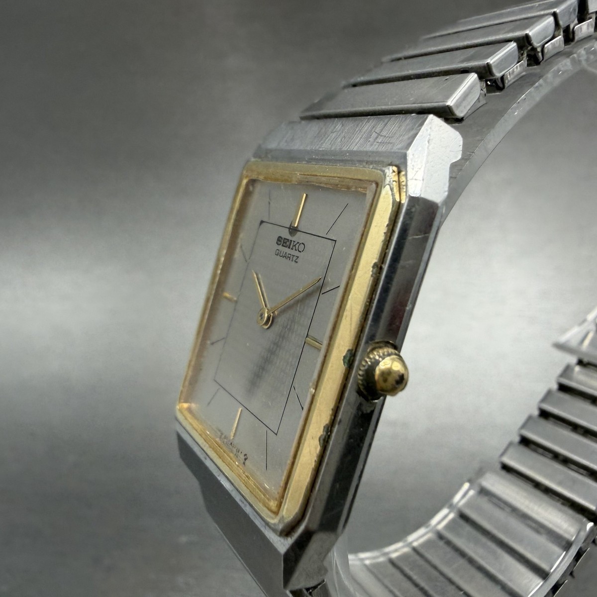Seiko Tank Watch Men 25mm Silver Dial Two Tone Rectangle 6530-5159