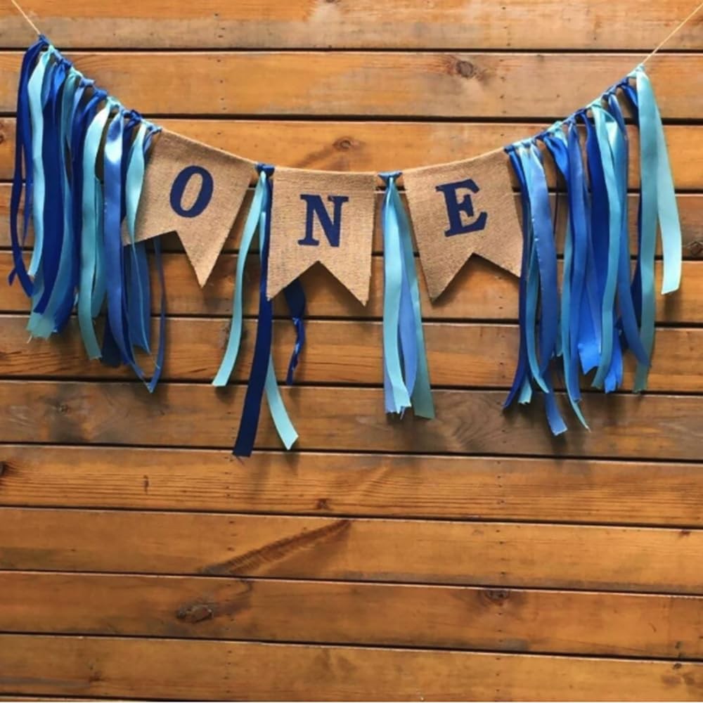 Premirm 1st Birthday Highchair Banner Blue Burlap Design, Baby First ...