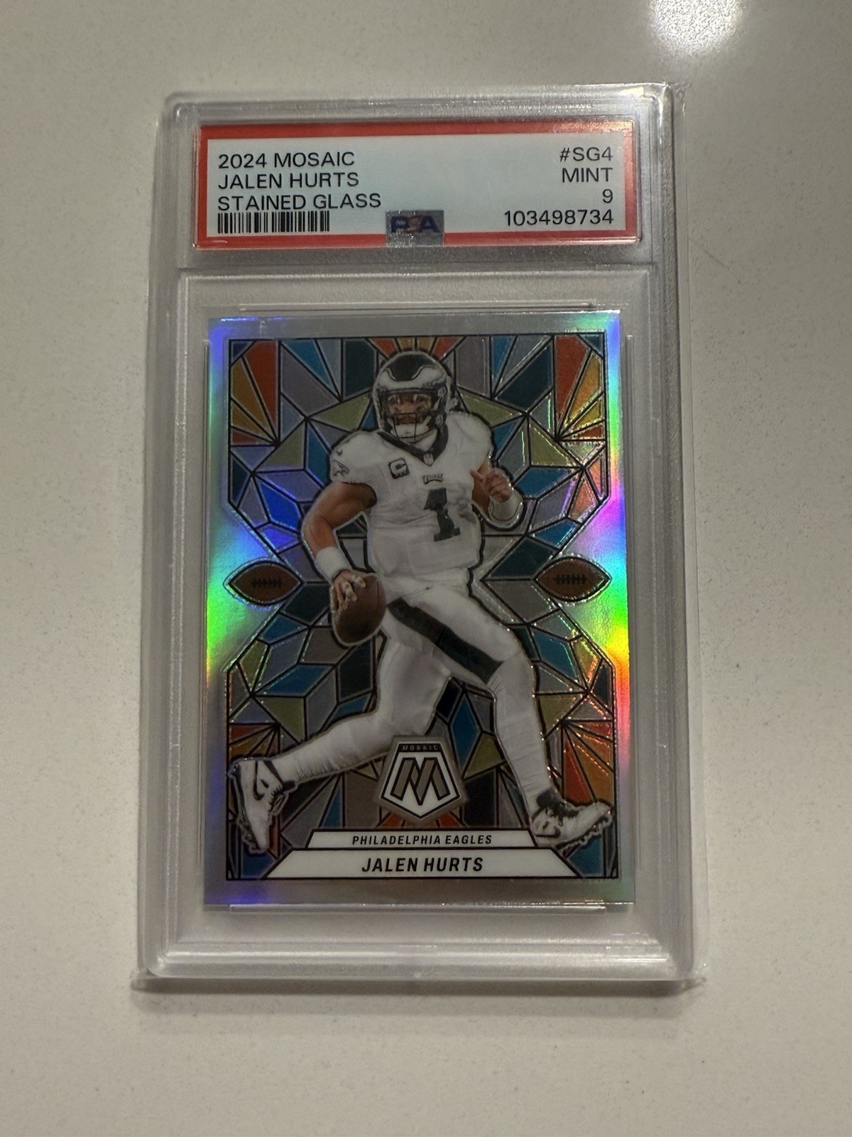 2024 Panini Mosaic #SG-4 Jalen Hurts Stained Glass Philadelphia Eagles PSA 9