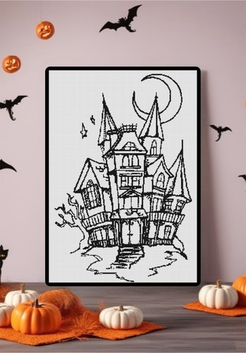 Sagoma di casa stregata di Halloween contato modello punto croce grafico - Foto 1 di 3